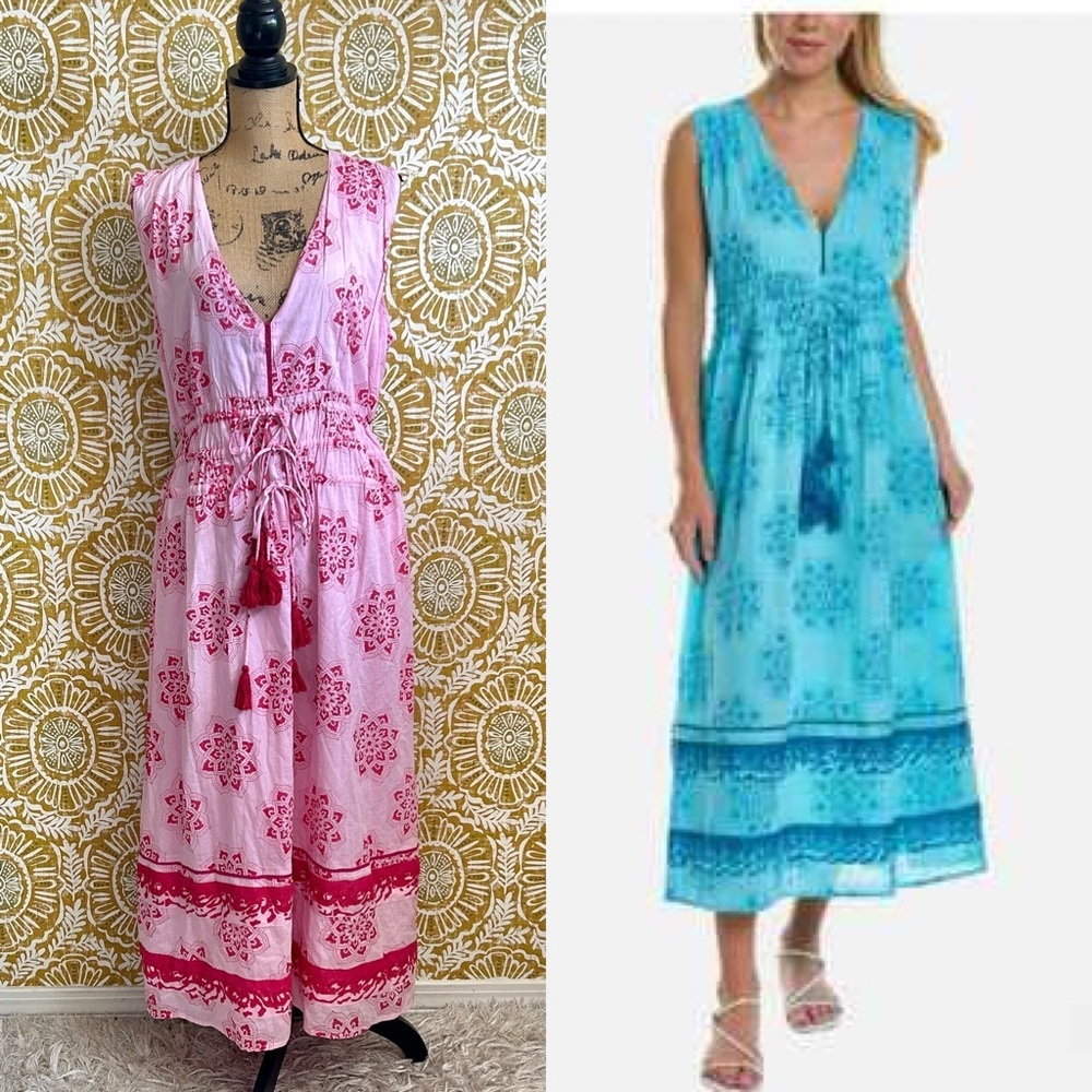 RO’S GARDEN Dorada Boho Pink Printed V-Neck Sleeveless Cotton Maxi Dress Sz XL